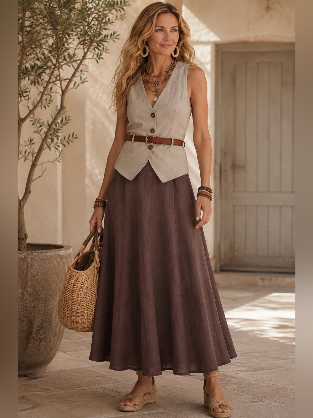 Talbots 100% Irish Linen Chocolate Brown Panel Midi Maxi Skirt Size 12